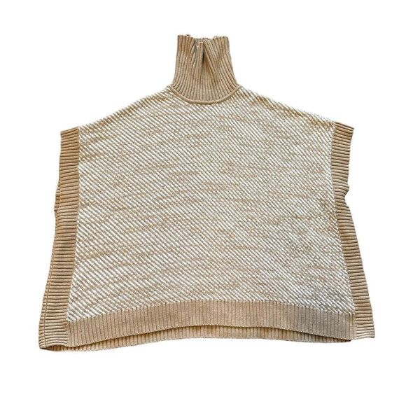 Michael Kors Twill Stitch Turtleneck Poncho Sweater Camel Size XL Tan White - Picture 2 of 13